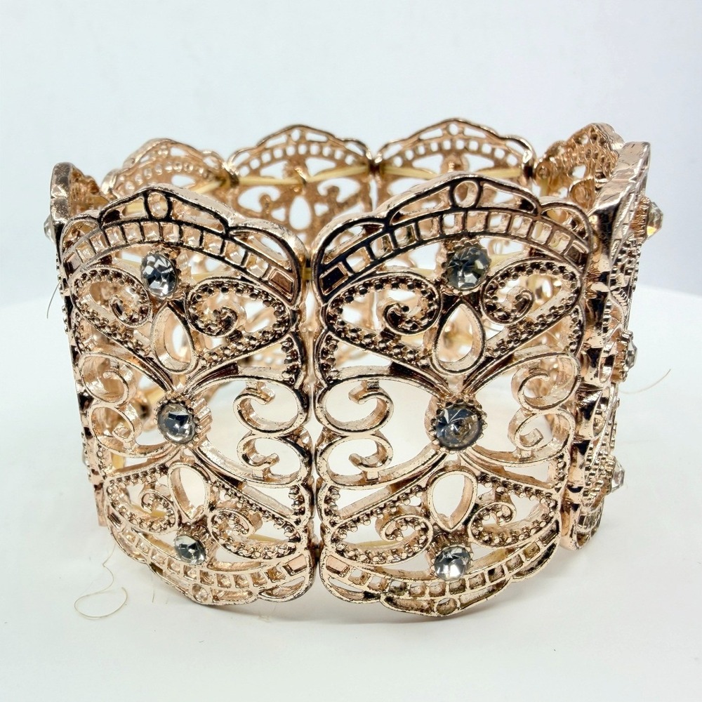 Vintage Y2K Rose Gold Tone Filigree Stretch Cuff Bracelet‎ Rhinestone Boho Retro